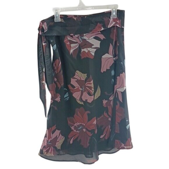 H&M Skirt Black Pink Floral Belted Midi Flowy Womens Size 10 - Picture 4 of 7